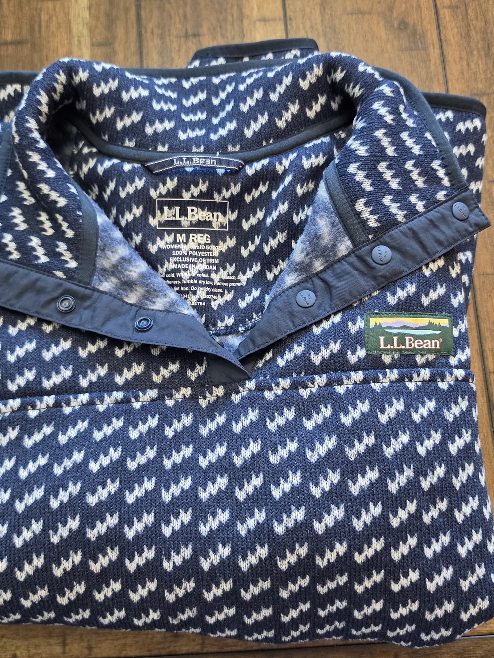 L.L.Bean Navy & White Patterned Snap Pullover